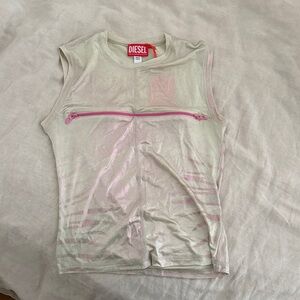 Diesel women’s Iridescent Cream Tank Top with Pink Zipper Accents